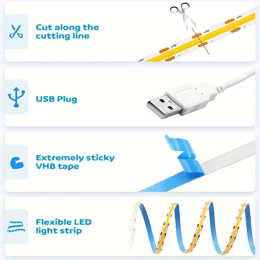 USB Touch Light Strip - Dimmable LED COB Strip, 5V Flexible Tape for DIY Lighting, TV Backlight, Mirror Light, Indoor Decor