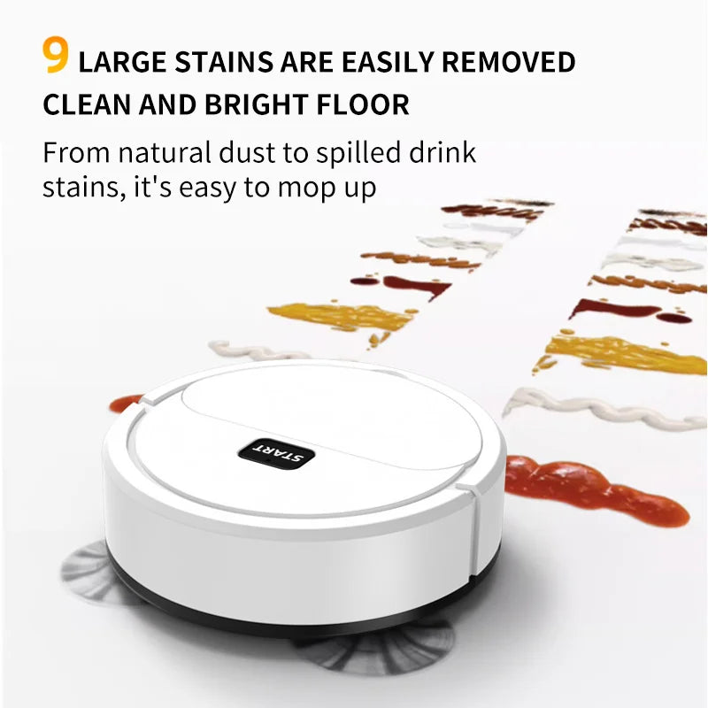 Automatic robotic vacuum cleaning large stains on the floor, showcasing its efficient sweeping and mopping capabilities.