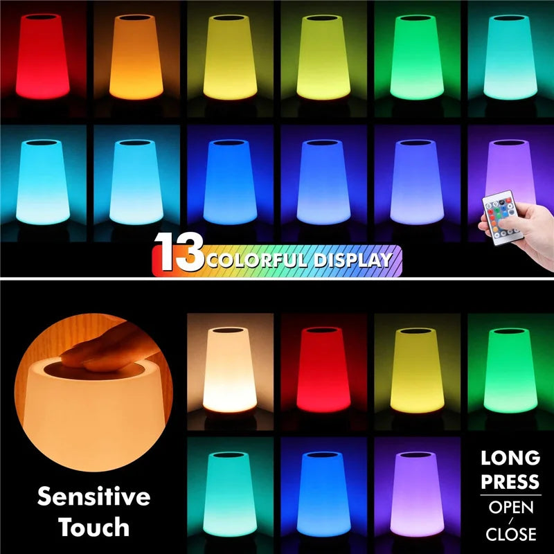 "13 color changing night light with remote, touch dimmable, USB rechargeable, portable lamp for bedside or table use."