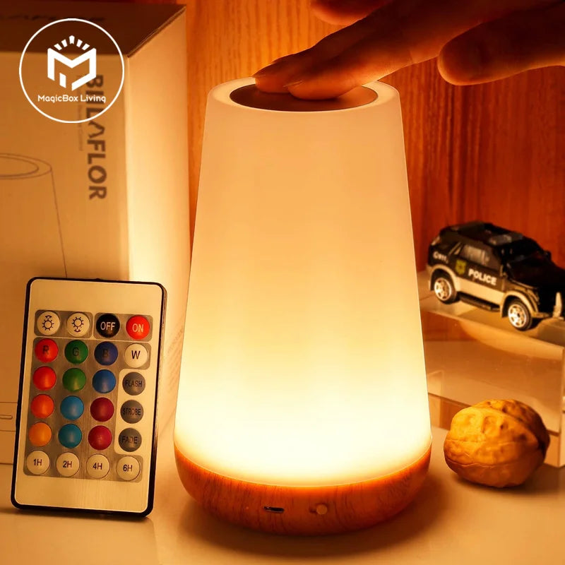 Portable color-changing night light with remote control and touch dimmable feature, perfect for bedside or table use. USB rechargeable.