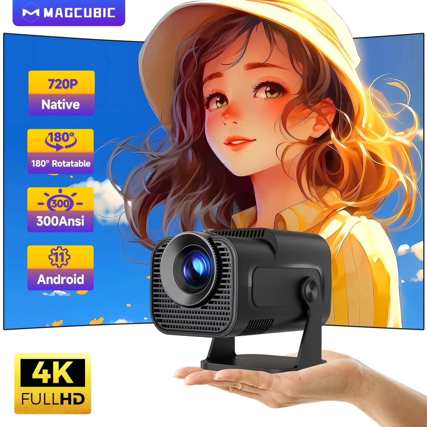 Magcubic HY320 Mini 4K Projector - Android 11, 720P Native Resolution, Wi-Fi 6 & Bluetooth 5.0, 300 ANSI Lumens, Portable Home Cinema Projector