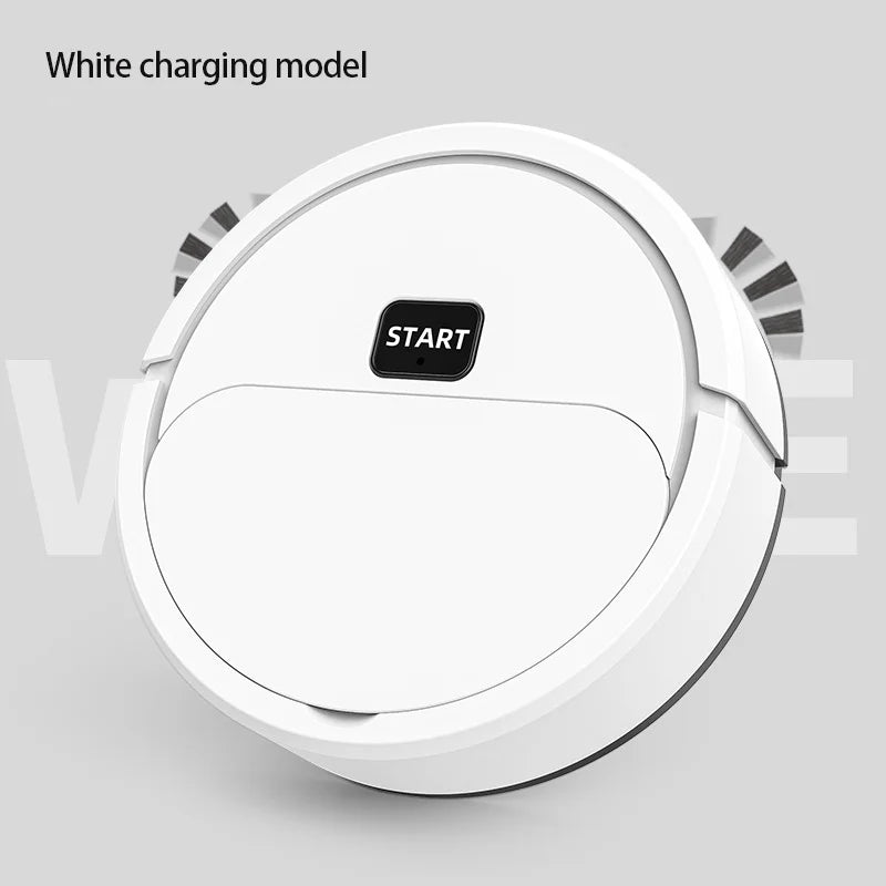 White automatic portable robotic vacuum cleaner with start button for sweeping, vacuuming, and mopping floors.