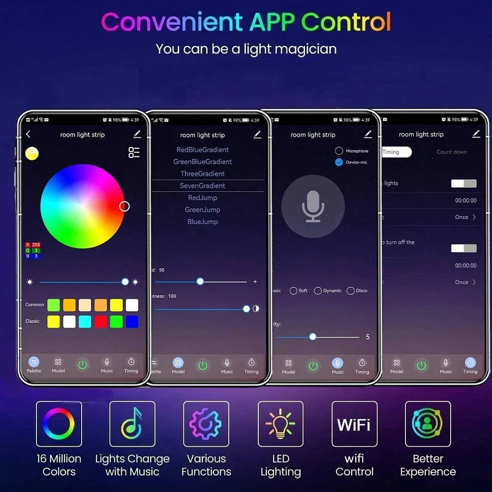 Smart RGB LED Strip Lights with Bluetooth Music Sync – 1m to 30m