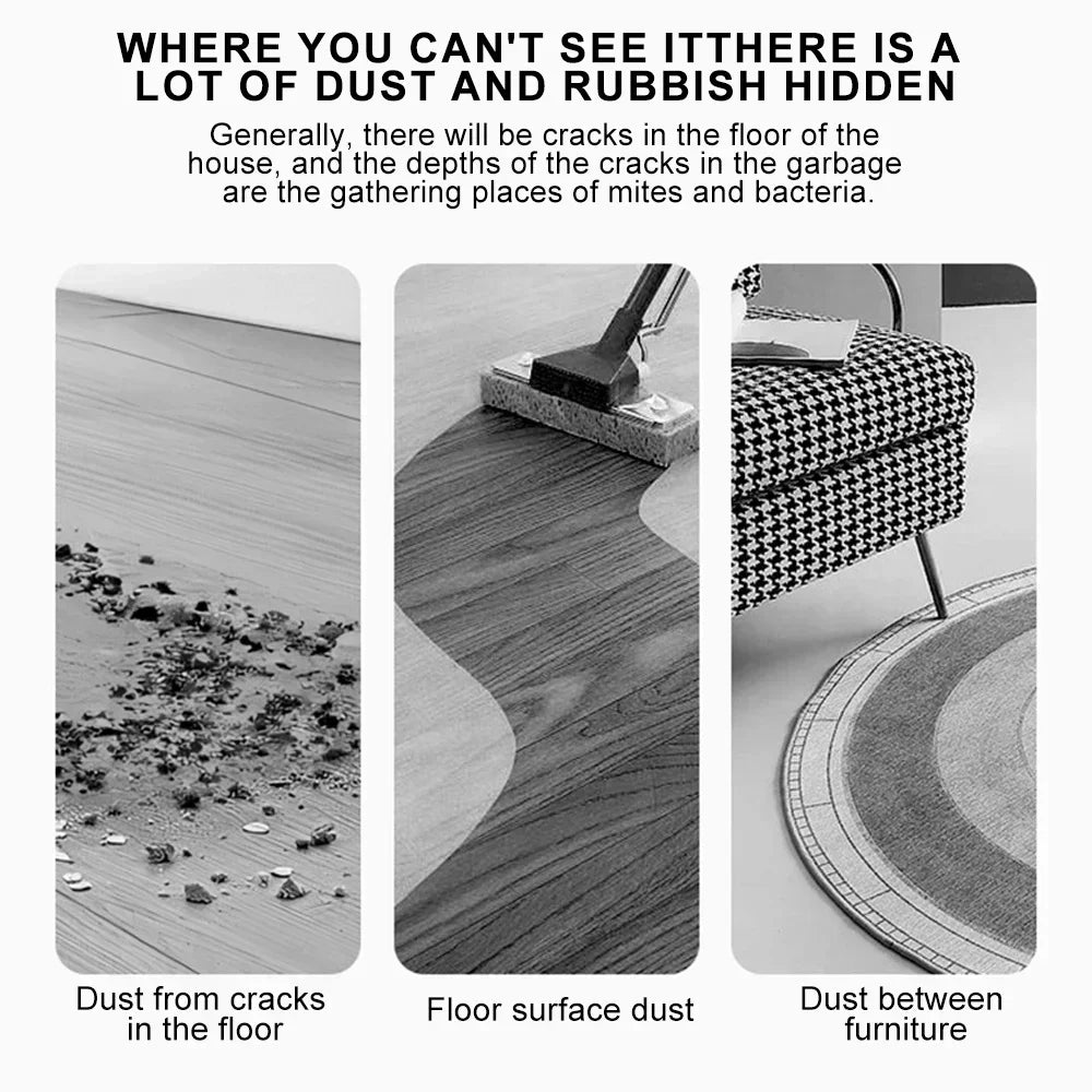 "Image illustrating dust accumulation in floor cracks, surface dust, and dust between furniture, highlighting hidden cleaning challenges."