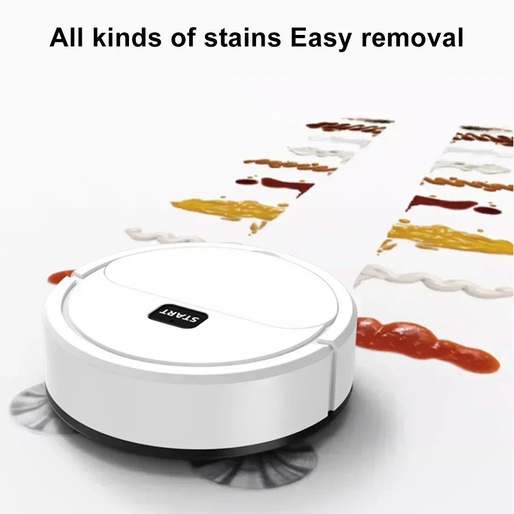 Automatic portable robotic vacuum cleaner removing various stains from the floor, showcasing efficient 3-in-1 cleaning capabilities.