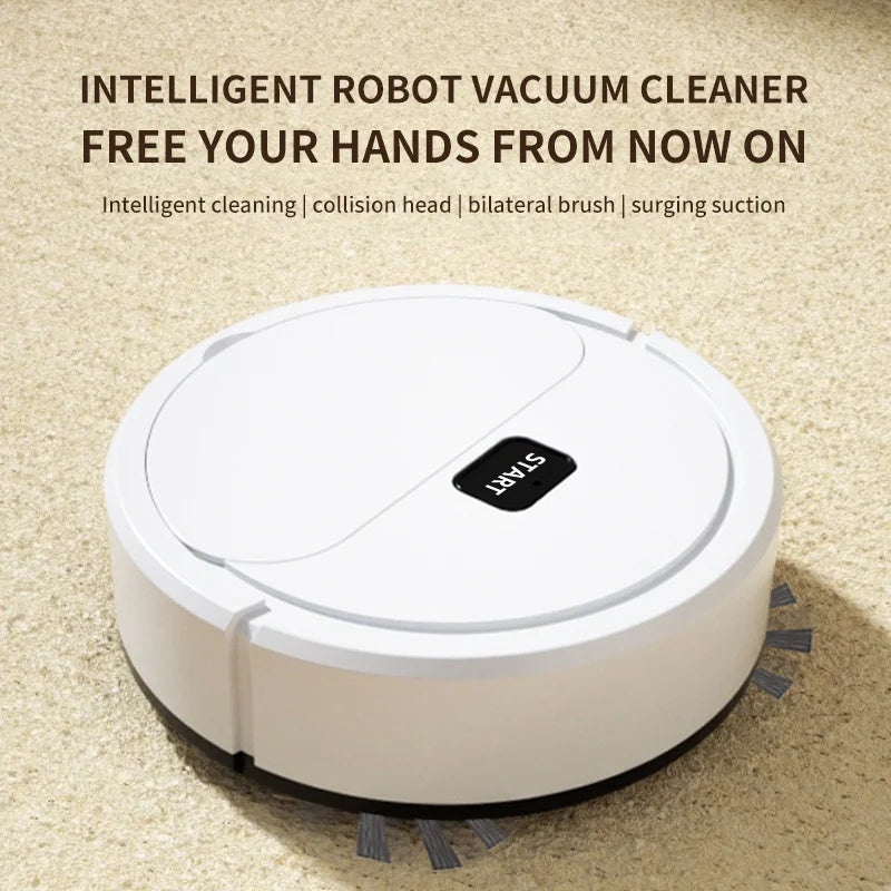 Automatic robotic vacuum cleaner on carpet showcasing intelligent cleaning and compact design.