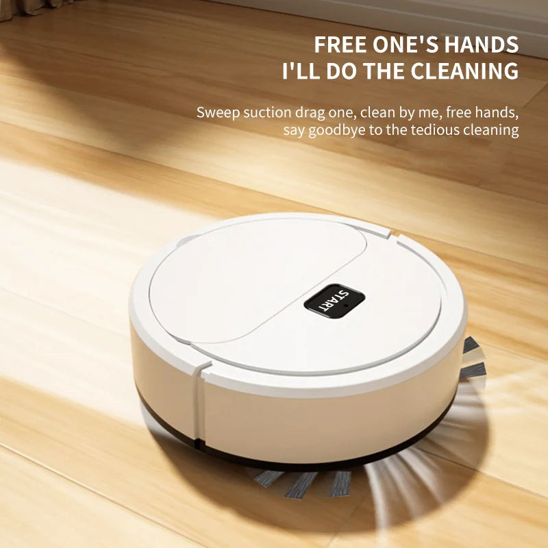 Automatic portable robotic vacuum cleaner on wooden floor, promoting hands-free sweeping, vacuuming, and mopping with smart navigation.