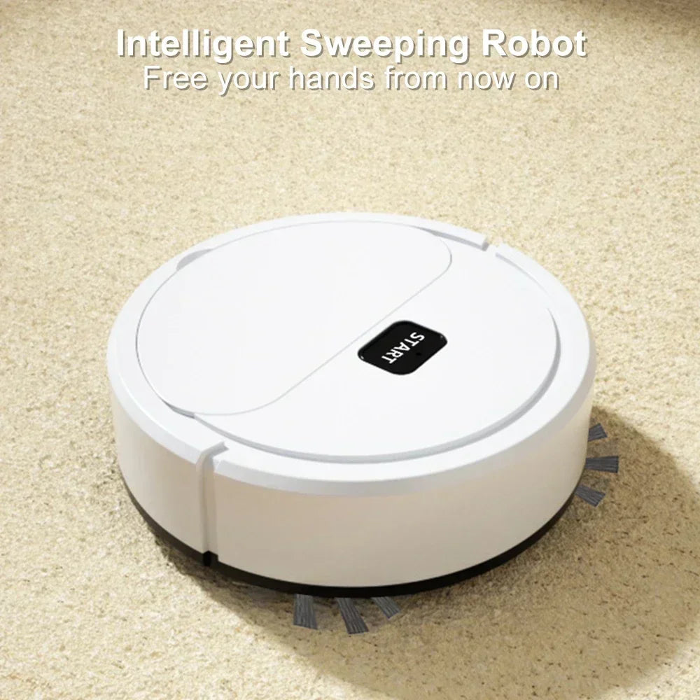 2024 Automatic Portable Robotic Vacuum Cleaner sweeping carpet with smart navigation and 3-in-1 cleaning features.