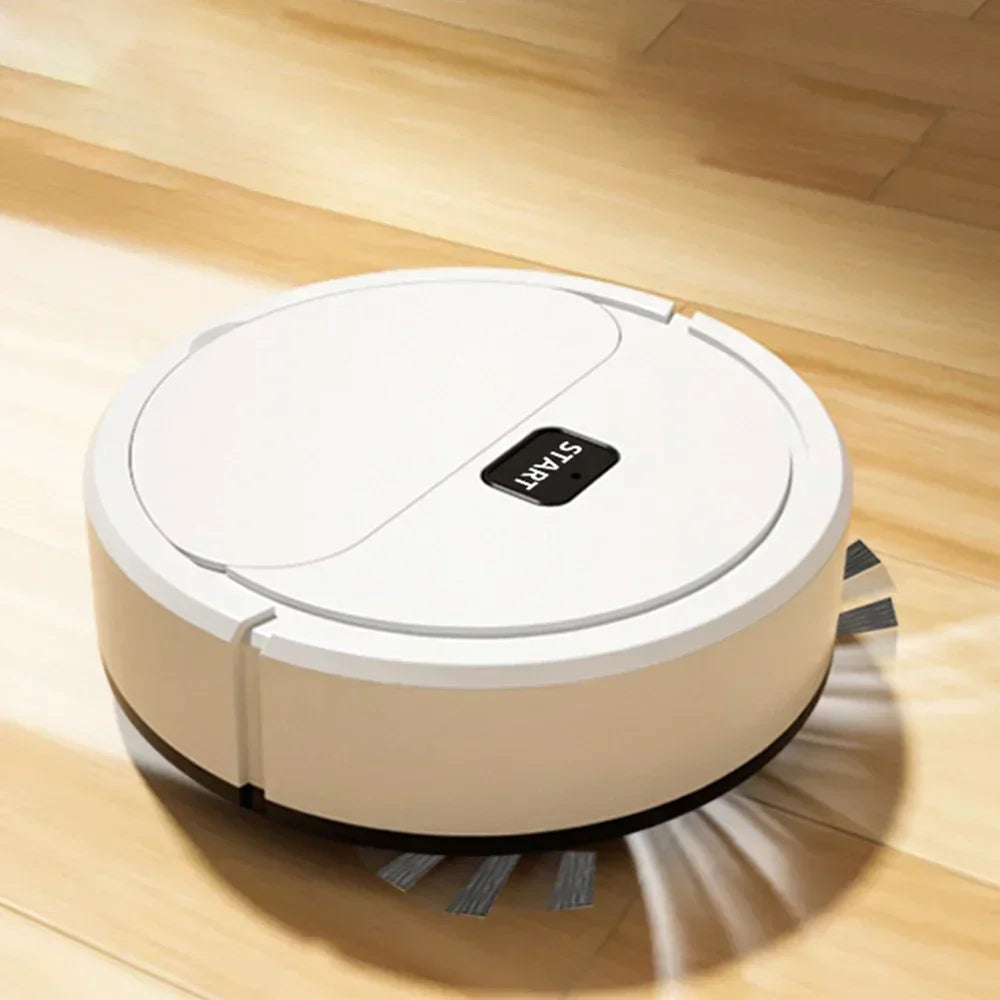 Automatic portable robotic vacuum cleaner sweeping hardwood floor with smart navigation and compact design for efficient cleaning