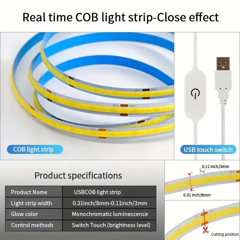 USB Touch Light Strip - Dimmable LED COB Strip, 5V Flexible Tape for DIY Lighting, TV Backlight, Mirror Light, Indoor Decor