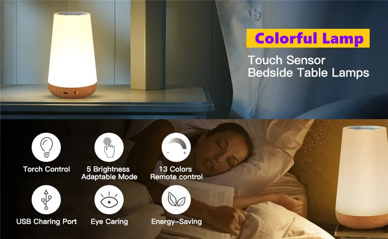 "Colorful touch sensor bedside lamp with RGB remote control, USB charging, and energy-saving features for restful sleep"