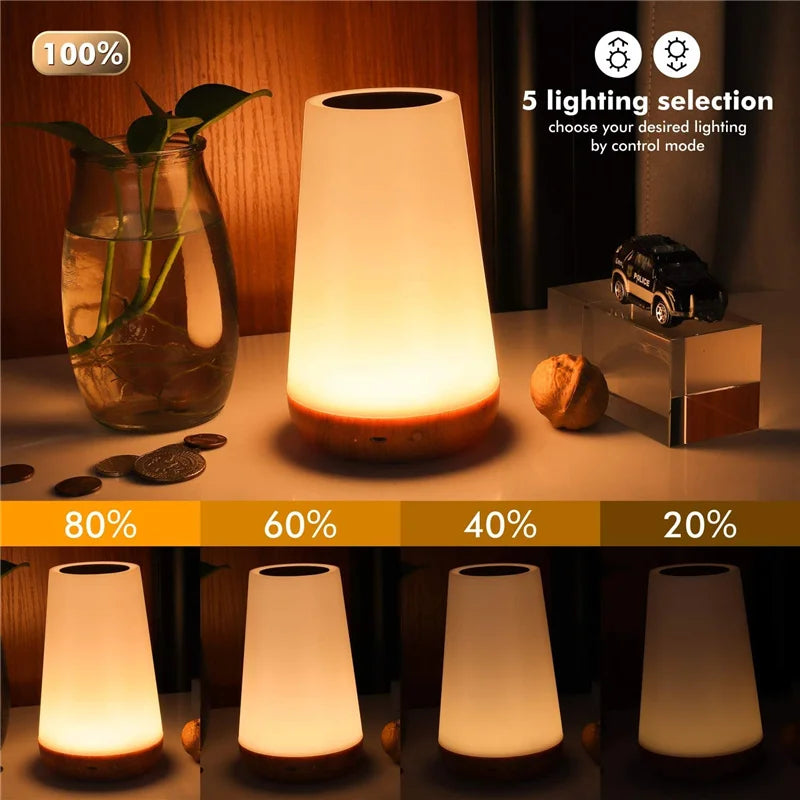 Portable RGB night light with touch dimming, USB rechargeable, showing 5 lighting selections from 20% to 100%, ideal for bedrooms.