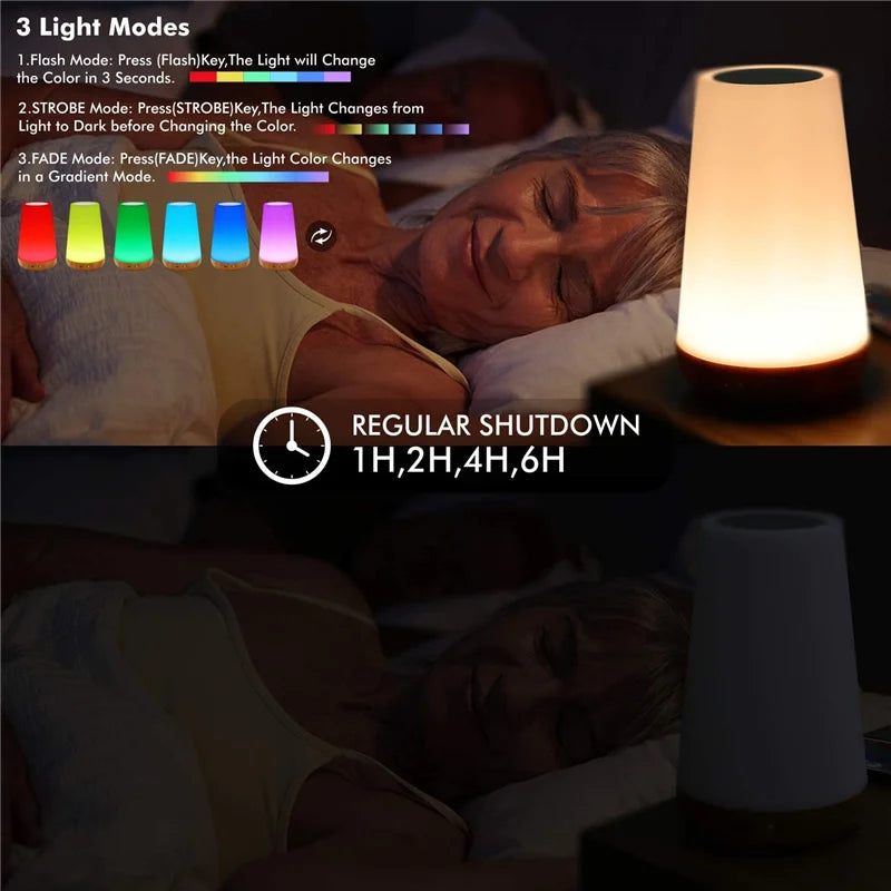 Woman sleeping beside a color-changing night lamp with RGB options and regular shutdown settings on display.