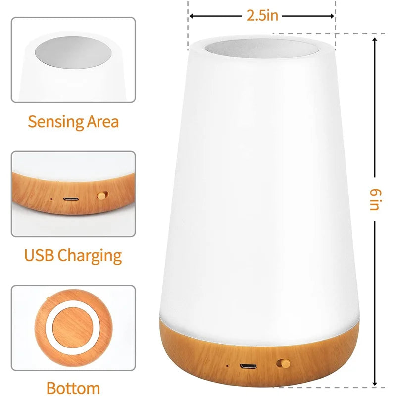 Color changing night light with USB charging port and touch sensor, 6-inch tall, ideal for bedside use, battery operated.