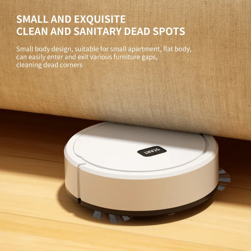 Automatic robotic vacuum cleaner navigating under furniture, showcasing compact and efficient cleaning in tight spaces.