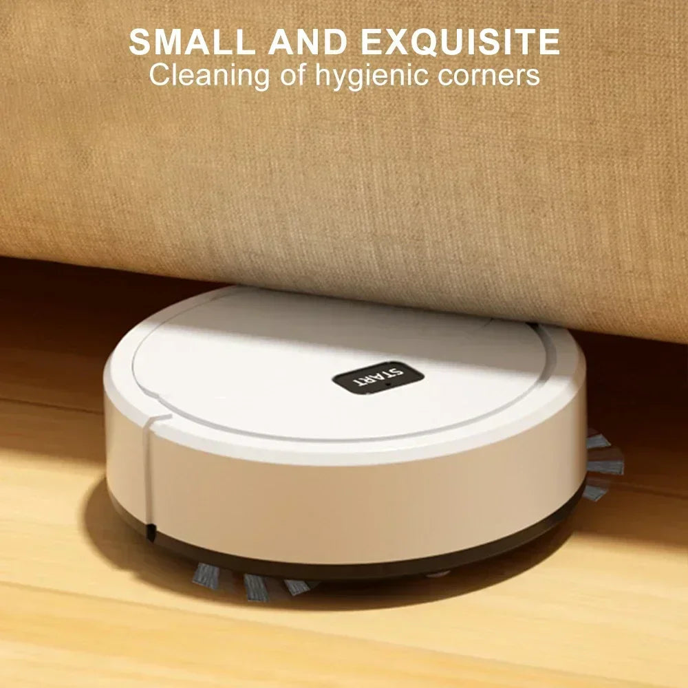 Robotic vacuum cleaning under furniture, showcasing compact design and efficient smart navigation.