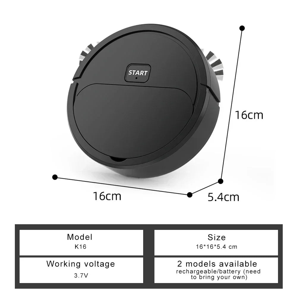 Compact portable robotic vacuum cleaner with dimensions 16x16x5.4 cm, featuring smart navigation and 3.7V working voltage.