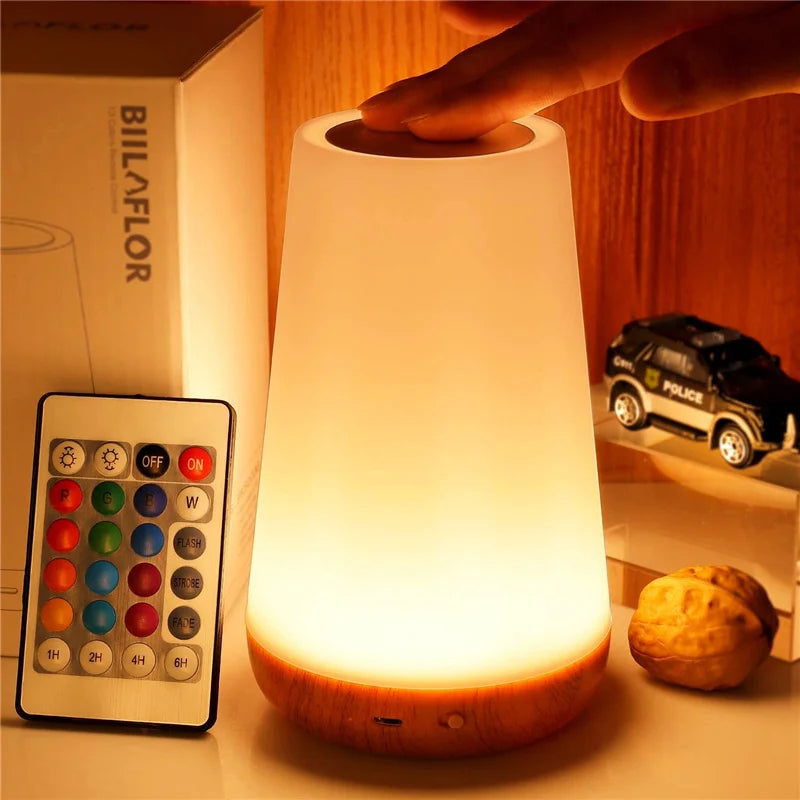 Color changing night light with remote control and touch dimming, rechargeable lamp for bedside use.