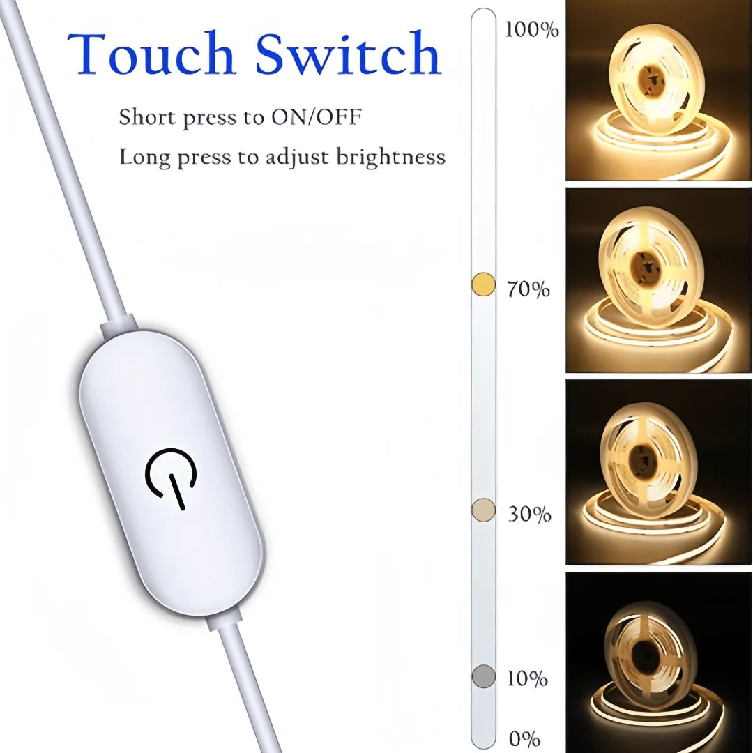 USB Touch Light Strip - Dimmable LED COB Strip, 5V Flexible Tape for DIY Lighting, TV Backlight, Mirror Light, Indoor Decor